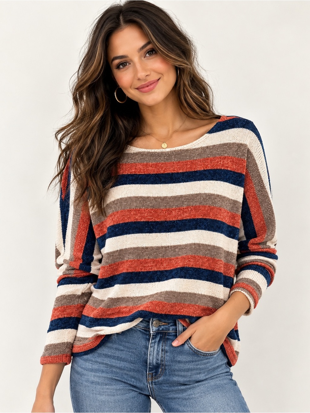 Chenault Striped Sweater Medium Navy Coral Taupe Ivory Bell Sleeve